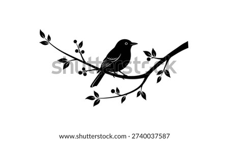 A simple black and white graphic showing the silhouette of a bird sitting on a tree branch with leaves and berries. The design is clean, isolated, and minimalist.