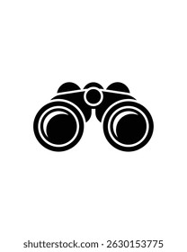 Simple black and white graphic silhouette of a set of binoculars on a plain background, perfect for indicating bird watching, travel, or other outdoor observation.