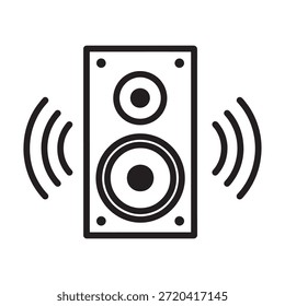 Un gráfico en blanco y negro simple de un altavoz que emite ondas sonoras, representadas por líneas curvas a cada lado del altavoz.