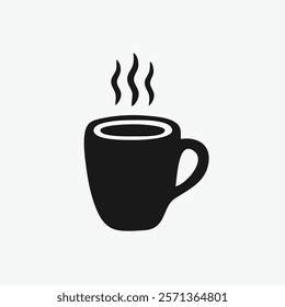 Simple black and white graphic of a steaming hot coffee cup.