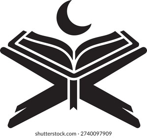 Simple black and white graphic symbol representing knowledge faith or a spiritual journey with celestial and literary elements