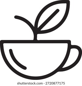 Simple black and white graphic of a teacup with a leaf on top, symbolizing a relaxing beverage and creating a calming atmosphere with its minimalist design and natural elements.