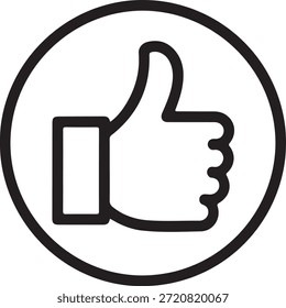 Einfache Schwarz-Weiß-Grafik eines Daumen-nach-oben-Symbols innerhalb einer kreisförmigen Umrisslinie, die Zustimmung und Zustimmung in einem minimalistischen Design darstellt.