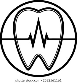 A simple, black and white graphic of a tooth enclosed in a circle, with a heartbeat or pulse line positioned across the tooth.