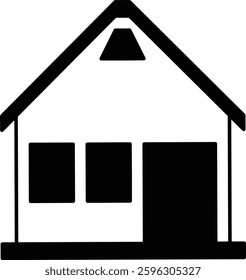 A simple black and white graphical representation of a house, featuring geometric lines and minimalistic details, ideal for use as an icon, symbol, or graphic design element in modern projects.