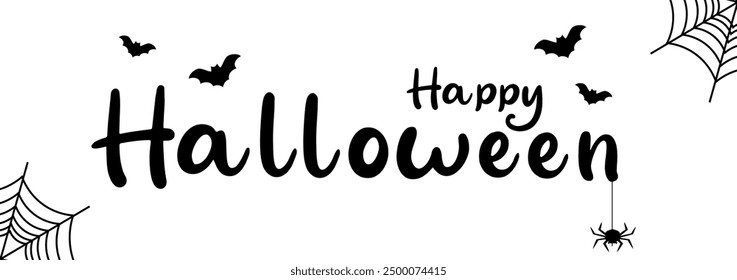 Simple black and white Halloween banner with  bats, spider webs, and a hanging spider. Trendy design for greeting card, poster, banner, flyer and invitation