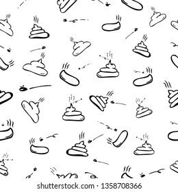Simple Black and White Hand Draw Sketch Seamless Pattern 4 Poop with fly 
