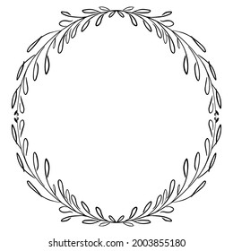 Simple black and white hand drawn wreath round frame with stylized leaves isolated vector illustration. Graphic grunge black ink design element.