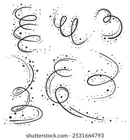 Simple black and white hand drawn elements with zigzags and dots. Vector signs and symbols of blizzard, snowflakes and wind. Illustration for winter design