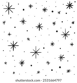 Simple black and white hand drawn snowfall background. Large and small snowflake icons. Vector illustration for winter designs
