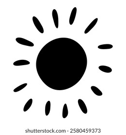 Simple black and white hand drawn sun icon with a circular center and irregular rays. Ideal for weather symbols, summer themes, and graphic design projects.