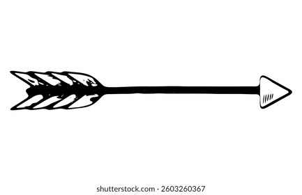 Simple black and white hand drawn arrow with feathered tail and sharp tip, isolated on transparent background. Perfect for design, decoration, or direction concepts. Vector