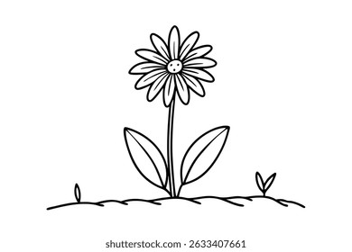 Simple black and white hand drawn daisy flower with leaves and new growing sprouts