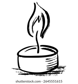 simple black and white hand drawn doodle illustration of a lit candle in a round holder.
