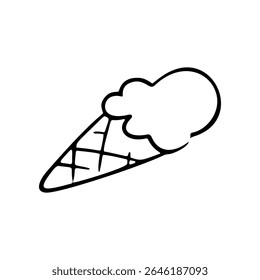 A simple, black and white, hand drawn line art illustration. It depicts an ice cream cone with a single scoop of ice cream, created in a doodle style