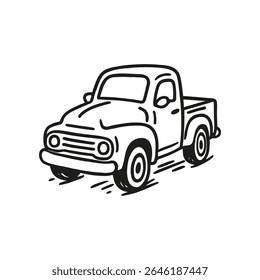 Uma ilustração vetor simples, preto e branco desenhada à mão representa uma caminhonete clássica. O estilo é minimalista e evoca uma sensação nostálgica, vintage