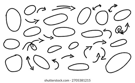 A simple black and white hand drawn illustration depicting various abstract organic shapes with curved and straight arrows indicating movement, flow, and direction between them on a plain white backgr