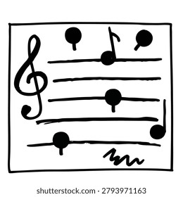 A simple black and white hand drawn sketch of a musical staff featuring a treble clef and various music notes in a square frame