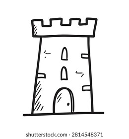 A simple black and white hand drawn sketch of a classic medieval fortress tower with battlements and an arched doorway on a white background