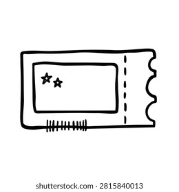 A simple black and white hand drawn sketch of a rectangular ticket with star icons and a perforated edge