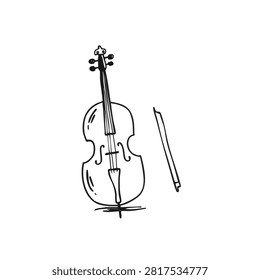 A simple black and white hand drawn sketch of a stringed musical instrument featuring a cello and its bow isolated on a plain background