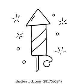 A simple black and white hand drawn sketch of a firework rocket with sparkles and decorative dots on a plain background.
