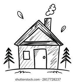 A simple black and white hand drawn sketch of a small cabin with a chimney and smoke surrounded by two pine trees and floating leaves.