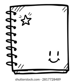 A simple black and white hand drawn illustration of a spiral bound notebook featuring a star icon and a small smiling face on the cover