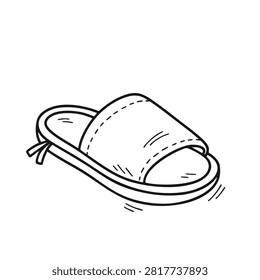 A simple black and white hand drawn sketch of a cozy open toe indoor slipper for relaxation and home use.