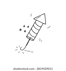A simple black and white hand drawn sketch of a firework rocket with a burning fuse and small sparkles