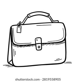 A simple black and white hand drawn doodle of a leather briefcase with a handle and latch for professional work or business concept