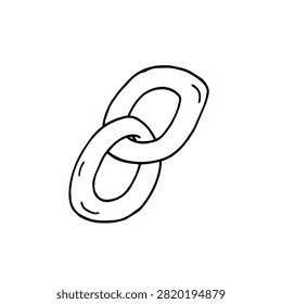 A simple black and white hand drawn sketch of two connected metal chain links isolated on a white background.