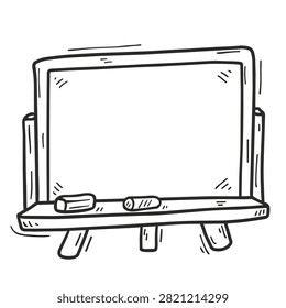 A simple black and white hand drawn sketch of a blank chalkboard standing on a wooden frame with a small eraser and piece of chalk resting on the ledge.