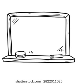 A simple black and white hand drawn illustration of a school blackboard with a wooden frame featuring a piece of chalk and an eraser resting on the ledge.