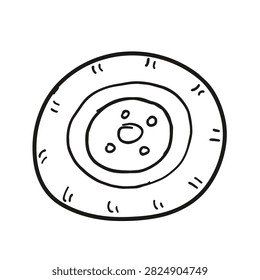 A simple black and white hand drawn doodle sketch of a car wheel or tire isolated on a white background