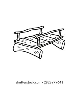 A simple black and white hand drawn sketch of a small rustic wooden bridge with railings isolated on a white background