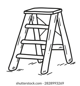 A simple black and white hand drawn sketch of a portable wooden stepladder used for reaching high places.