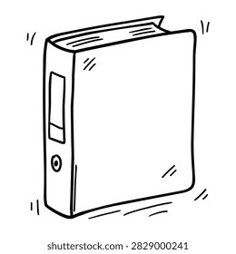 A simple black and white hand drawn doodle of an office ring binder folder on a white background