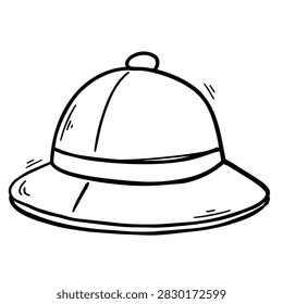 A simple black and white hand drawn sketch of a classic pith helmet or safari hat on a white background