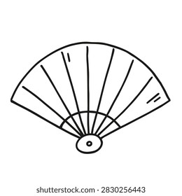 A simple black and white hand drawn sketch of a traditional open folding fan on a plain background
