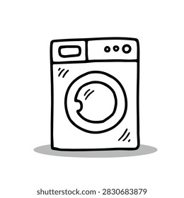 A simple black and white hand drawn illustration of a front loading washing machine appliance