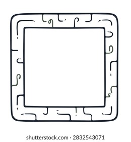 A simple black and white hand drawn square border frame featuring stylized swirl and line patterns on the edges.