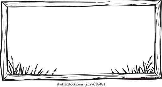 Uma moldura simples, desenhada à mão, em preto e branco, com grama na parte inferior.