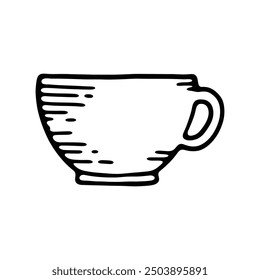 A simple black and white hand-drawn illustration of a coffee cup with a handle.