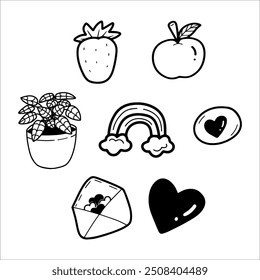 Ilustraciones simples, en blanco y negro, dibujadas a mano de frutas, plantas y corazones. 