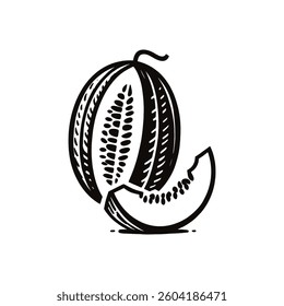 Simple black and white hand-drawn melon icon, minimal vector art	