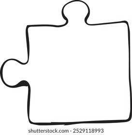 simple black and white hand-drawn puzzle piece with irregular edges. It is isolated on a white background and could be used as a graphic element in a design project.