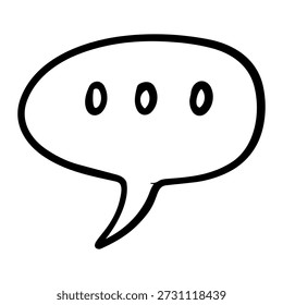 Ilustração vetorial simples em preto e branco desenhada à mão de uma bolha de fala com três pontos, representando conversação, pensamento ou comunicação. Estilo minimalista de doodle para mídias sociais e web design.