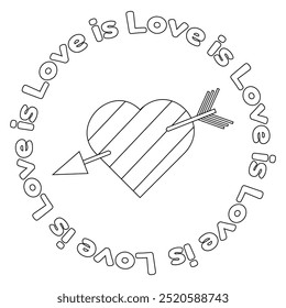 Simples design de coração preto e branco com Amor é o texto de Amor em torno dele. Perfeito para livros de colorir e LGBTQ mais celebrações do orgulho.