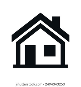 A simple black and white house icon with a chimney and a single window, isolated on a white background.